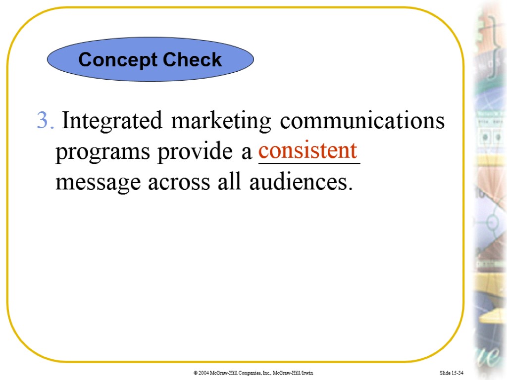 Slide 15-34 3. Integrated marketing communications programs provide a ________ message across all audiences.